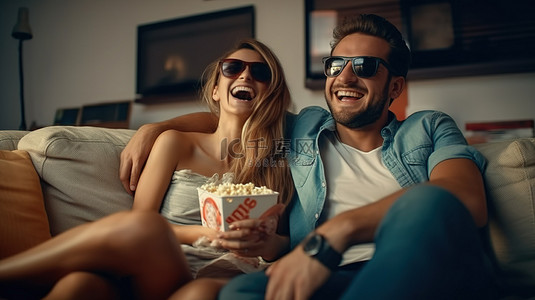 戴着 3D 眼镜的幸福夫妇在客厅地板上享受电影之夜