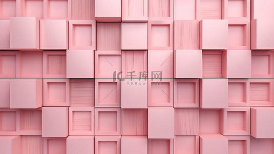 现代 3D 渲染粉红色木制方盒板墙纸，色调柔和