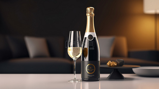 3D 渲染中的香槟瓶和玻璃样机海报