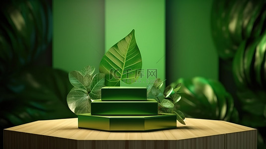 用于展示化妆品的展台的 3D 渲染，该展台具有三个六边形块和郁郁葱葱的绿叶背景