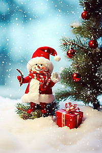 天气背景图片_雪人圣诞树与礼物圣诞节桌面壁纸高清