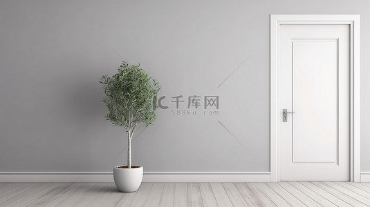 灰色墙壁的真实 3D 渲染，白色门木地板和优雅的镀铬花瓶
