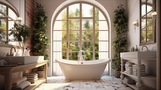 宽敞的浴室配有充足的储物空间和采用令人惊叹的 3D 设计的米尔加德风格窗户