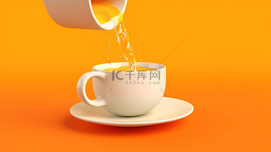 橙色背景下橙汁倒入白色杯子的 3D 渲染
