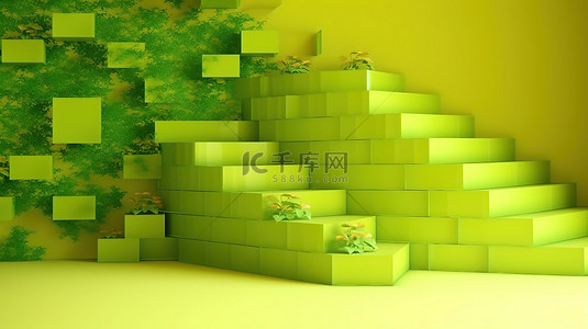 绿色抽象场景中的 3D 渲染彩色几何楼梯