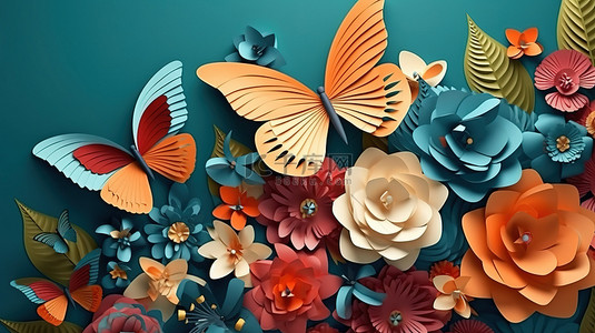 纸制插花与蝴蝶天桥 3d 渲染