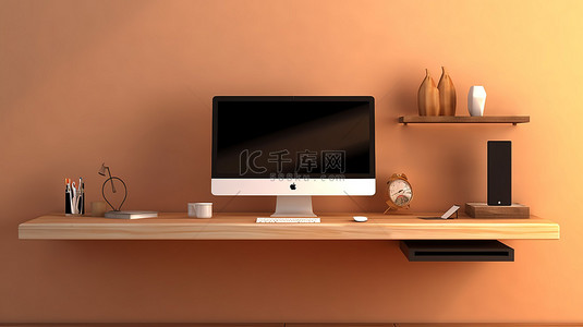 现代空间 3D 渲染中的木桌上棕色墙壁上的时尚计算机设置