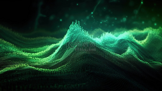 科技大数据可视化背景图片_具有大数据可视化和粒子波的绿色未来背景的动态 3D 渲染