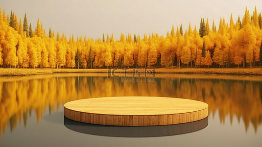 圆形木制平台俯瞰宁静的湖泊和充满活力的黄色森林，阳光明媚的夏季背景 3D 可视化