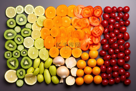 由黄红色和橙色制成的水果和蔬菜的彩虹
