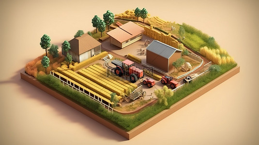 智慧农村背景图片_带有收割拖拉机和小麦作物隔离横截面的农田的等距视图