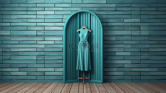 海蓝宝石砖墙背景，前面折叠着蓝色木质礼服屏的 3D 渲染
