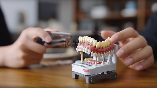 螺钉背景图片_牙医使用迷你螺钉正畸捕获桌上牙科模型的 3D 图像