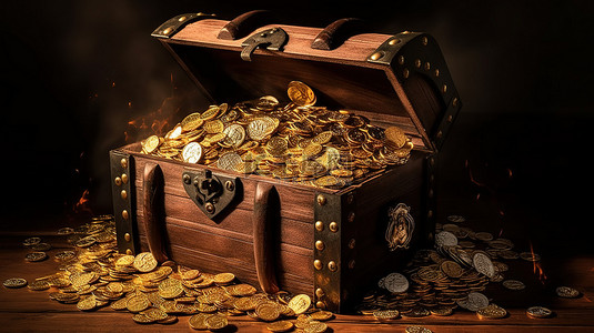 黑金金币背景图片_复古宝箱充满闪闪发光的金币 3D 渲染