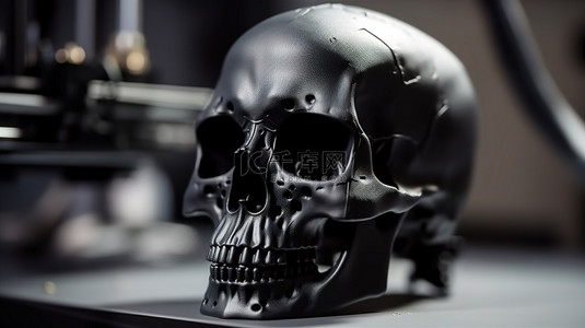 3D 打印机打印的黑色头骨模型的特写