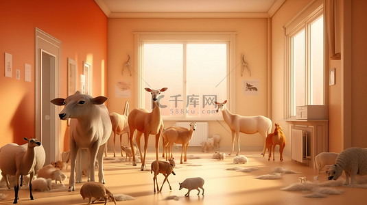 动物享受舒适的室内气候的 3D 渲染