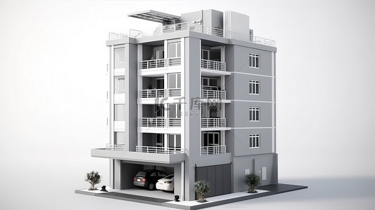 灰色建筑设计背景图片_舒适的白色和灰色公寓的 3D 渲染，配有电梯和车库