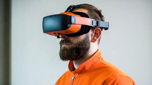 头戴安全帽背景图片_一位土木工程师戴着 3D 虚拟现实眼镜，头戴橙色安全帽