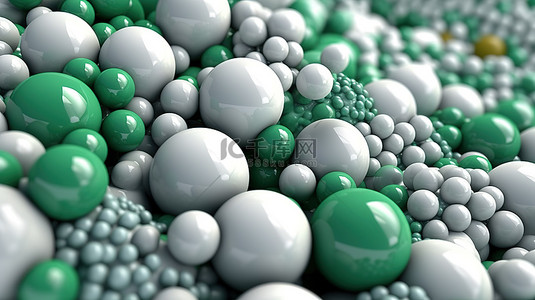 白色绿色和灰色的各种球体在令人惊叹的 3D 渲染中引人注目的抽象艺术品