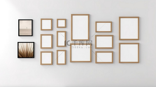 纯净相框背景图片_白色内墙 3D 渲染上的简约木质相框模型