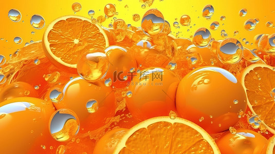 夏季新鲜背景图片_从合并橙浆中提取的橙汁的 3d 插图