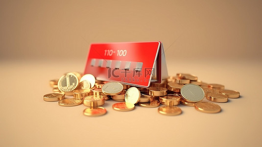 优惠礼物背景图片_3D 渲染银行卡和硬币的插图，提供不可抗拒的销售优惠