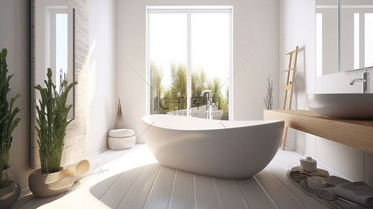 明亮的室内浴室配有阳光照射的 3D 渲染白色浴缸