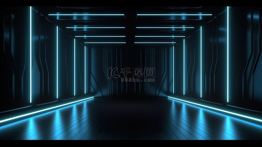 黑暗的隧道背景图片_时尚的未来派产品展示舞台，配有垂直霓虹灯和黑暗的室内 3D 渲染