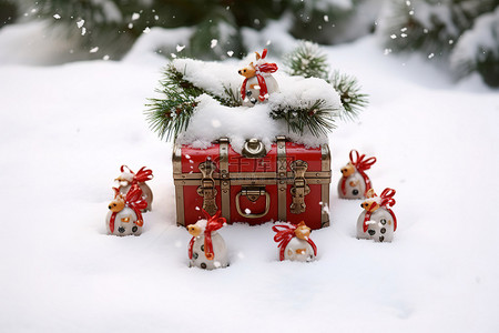 天气背景图片_雪中​​装有圣诞饰品的柏金盒