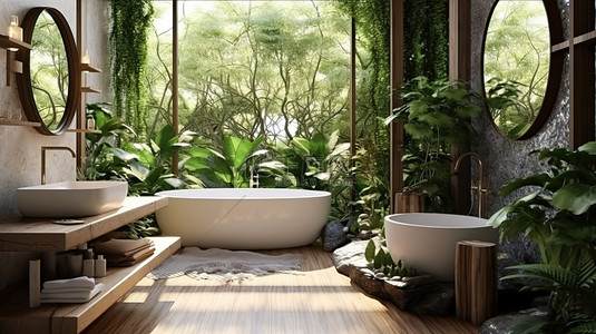 家居背景图片_现代浴室的 3D 渲染，享有宁静的热带花园景观