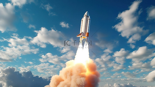 火箭发射台卡通背景图片_蓝天发射火箭起飞的3D渲染象征创新和探索