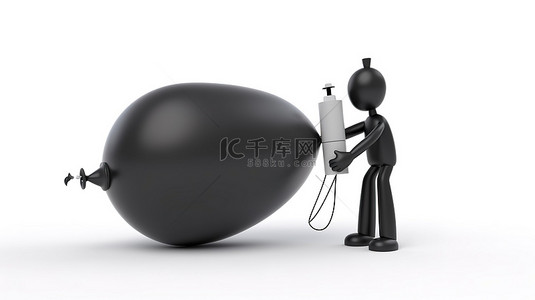 促销白色横幅气球由 3d 字符充气，在 3d 渲染的白色背景上带有黑色手气泵