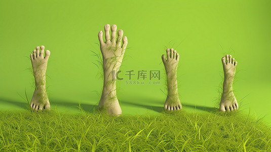 3D 渲染中描绘的赤脚儿童的草覆盖脚