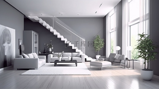 雪中木屋背景图片_当代住宅中时尚灰色内饰的 3D 渲染