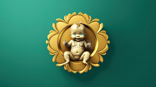 蓝底白字图标背景图片_婴儿徽章金色婴儿幸运符号在海泡沫背景 3D 数字社交媒体图标