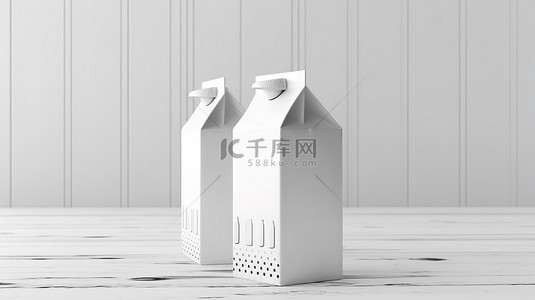 包装正面背景图片_白色木桌上牛奶或果汁纸盒包装盒正面和侧面视图的 3D 渲染模型