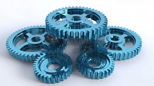 工业蓝色科技背景图片_错综复杂的 3D 空心蓝色齿轮在白色背景上联锁