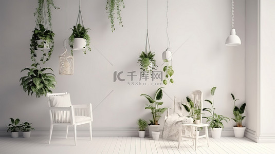 极简主义的体现白色墙壁的房间配有椅子盆栽植物和装饰