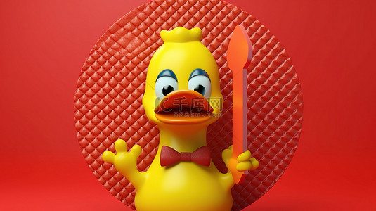 可爱的卡通鸭吉祥物，黄色背景 3d 渲染上带有红色禁止符号