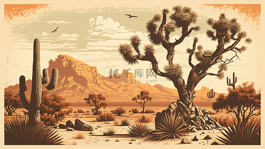 沙漠植物卡通背景图片_沙漠植物仙人掌热带植物热浪灼人