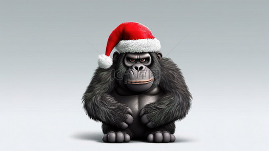 有趣的 3D 大猩猩戴着节日圣诞帽
