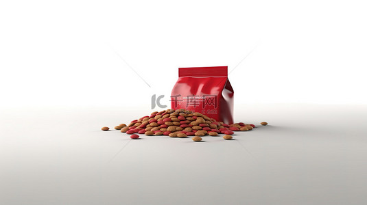 白色背景红色塑料碗中装有干粮的狗粮袋包装的 3D 渲染