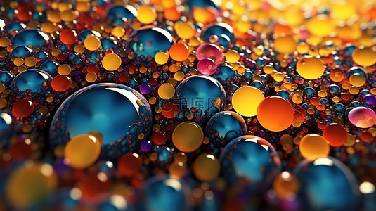 充满活力和动态的抽象艺术，具有 3D 多色颗粒和气泡