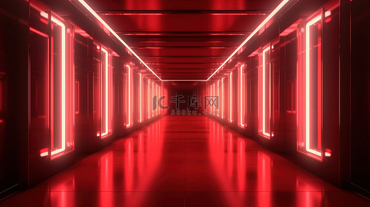 地板地砖背景图片_混凝土地砖走廊入口的插图背景，在 3D 渲染中带有红色霓虹灯发光