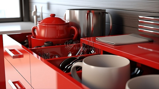 现代红色厨房家具的特写，配有配件 3D 渲染