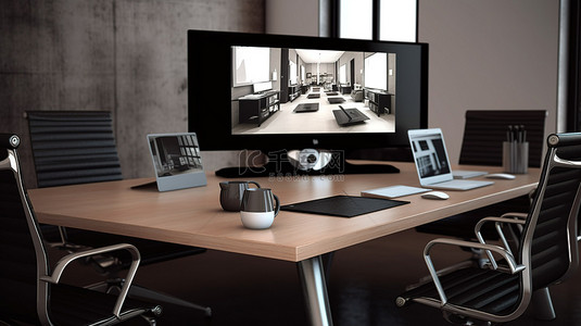 电脑桌面视频背景图片_通过计算机和视频会议进行桌子的 3D 渲染