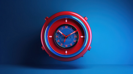 圆形红色背景，3D 渲染中蓝色时钟符号的前视图
