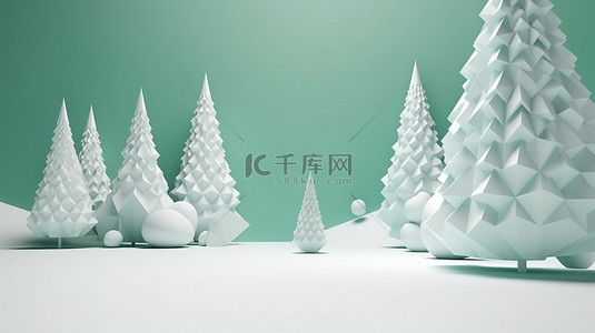 简约的绿色圣诞树和白雪 3d 渲染背景
