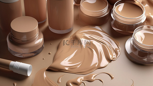插图 3D 渲染，包括化妆品粉底污迹霜罐和米色遮瑕膏滴
