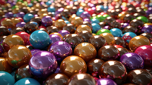 3D 插图中涂有巧克力糖的彩色光泽球的节日背景